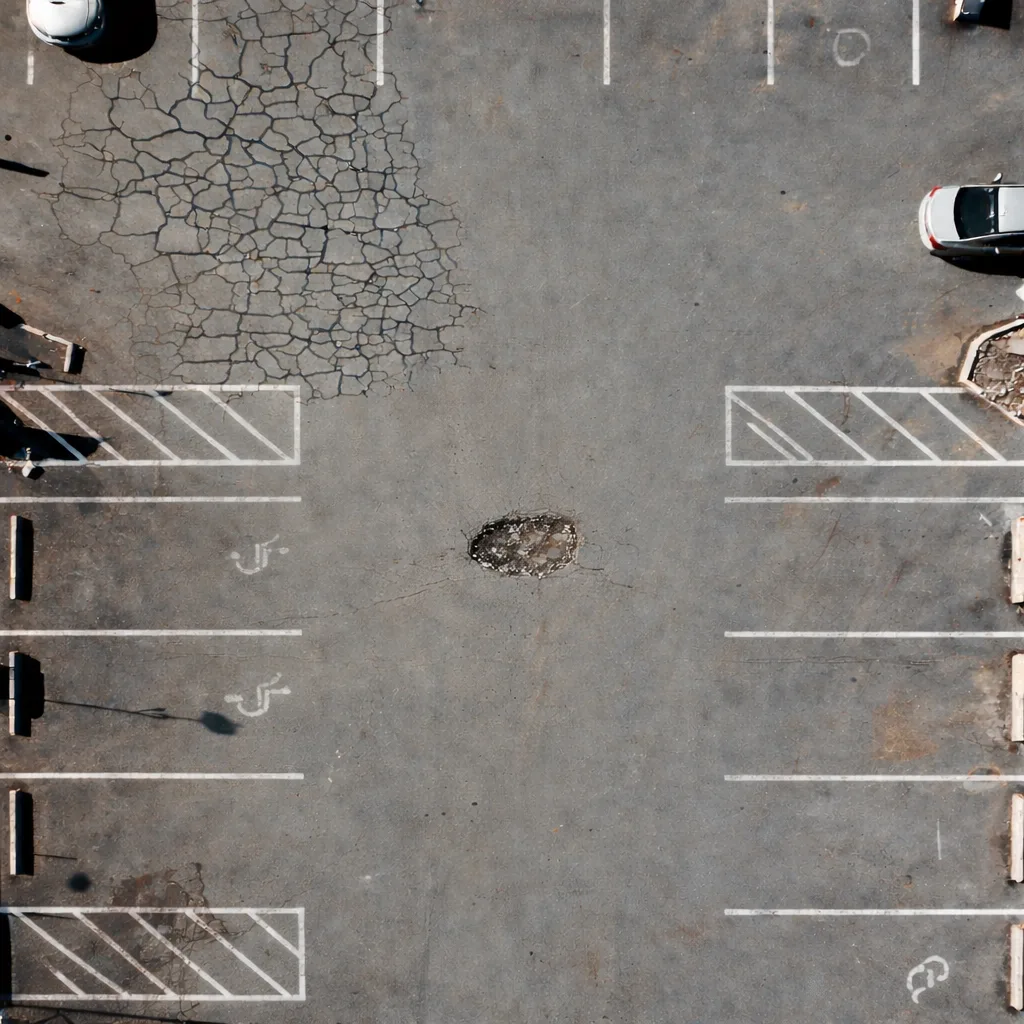 Aerial view of a commercial parking lot showing common pavement problems including cracking, potholes, faded striping, and oxidized surfaces